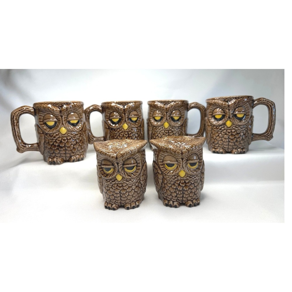 Vintage 1978 Sittre Ceramic Sleepy Owl 4 Mugs Salt Pepper Shaker Set 6pc As Is